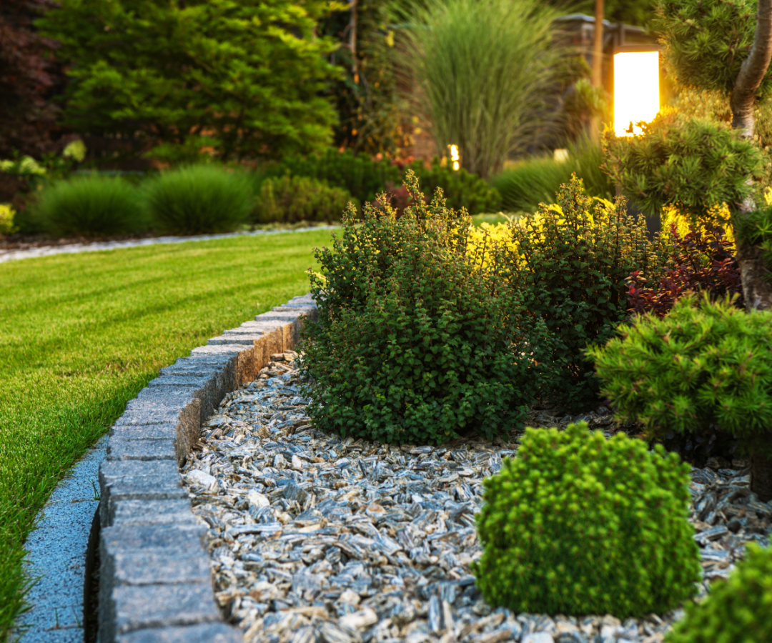 Neatly edged garden bed with shrubs, decorative bark, and a manicured lawn at sunset