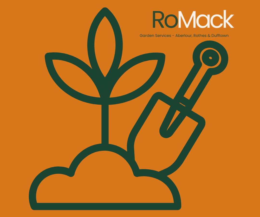 Simple gardening icon with a plant and hand trowel, used in RoMack Garden Services branding.